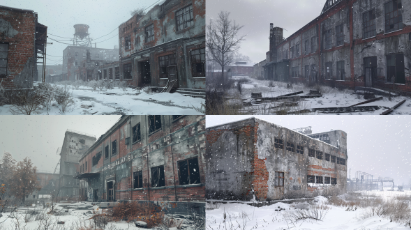 一座废弃工厂，巨大的厂房矗立着，雪景，昏暗天空飘雪，外景，水泥墙面，部分红砖墙面，墙壁上的油漆剥落，窗户玻璃破碎，8k高清，气氛图，oc渲染器