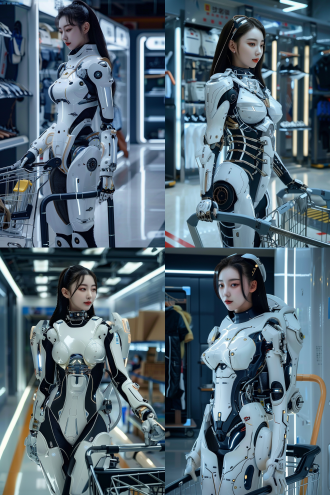 女机器人推购物车全身像，侧身凸显身材，白色短发1米8，亚洲脸很真实，全身光照，高清晰度，冷色调，平静。 极简主义 电影风格 未来主义 傻笑