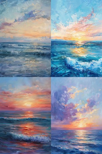 印象派风格油画海景风景，真实明亮的色调，低纯度色调，大量笔触，平稳的构图，日落的光影，海面波光粼粼，天空渐变色彩，长焦镜头，柔和侧光，细腻纹理，宁静氛围，温暖情感。