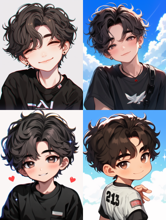 青年黑发证件照，薄涂插画风格，中心构图，日系，中长焦镜头，侧逆光，微风拂动头发，微笑，冷色调，帅气。 卡通