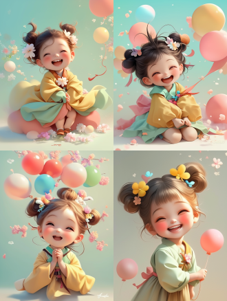 可爱小女孩，圆圆的脸，两个丸子头，穿着漂亮的衣服，拿着一个气球，开心大笑，夸张的姿势，细节丰富，色彩明亮，治愈，快乐