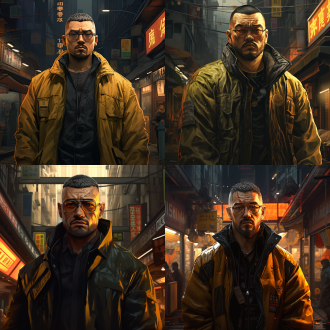 微胖戴眼镜寸头中年男人，东亚黄种人历经沧桑在无尽的街头寻找未来的路 极高分辨率 3d画风，赛博朋克风 硬汉 不屈服