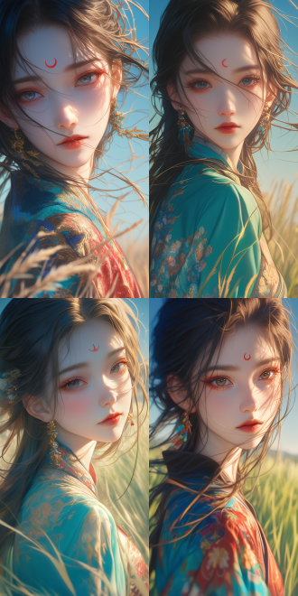 近镜头，一个25岁非常漂亮的中国女孩，站在绿色的草原上，额头上印着一个红色的月牙，侧脸看着镜头，戴着漂亮的耳环，穿着色彩鲜艳的古代宋朝衣服，半身照，风吹着她长长的头发，背景绿色的草原，蓝天，摄影风格，超高分辨率，超高清，高细节，高质量，超高分辨率