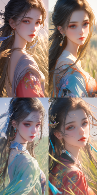 近镜头，一个25岁非常漂亮的中国女孩，站在草原上，侧着身，脸看着镜头，戴着漂亮的耳环，穿着色彩鲜艳的古代衣服，半身照，风吹着头发，超高清，超高清