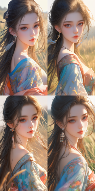 近镜头，一个25岁非常漂亮的中国女孩，站在草原上，侧着身，脸看着镜头，戴着漂亮的耳环，穿着色彩鲜艳的古代衣服，半身照，风吹着头发，超高清，超高清