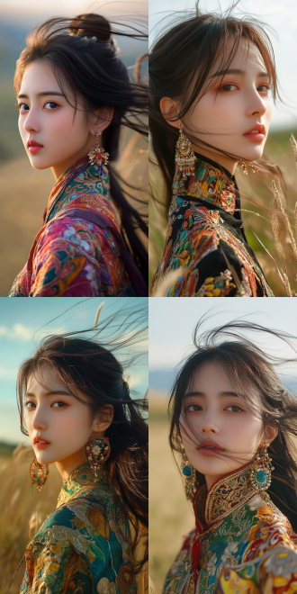 近镜头，一个25岁非常漂亮的中国女孩，站在草原上，侧着身，脸看着镜头，戴着漂亮的耳环，穿着色彩鲜艳的古代衣服，半身照，风吹着头发，超高清，超高清