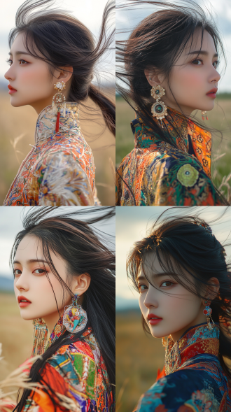 近镜头，一个25岁非常漂亮的中国女孩，站在草原上，侧着身，脸看着镜头，戴着漂亮的耳环，穿着色彩鲜艳的古代衣服，半身照，风吹着头发，超高清，超高清