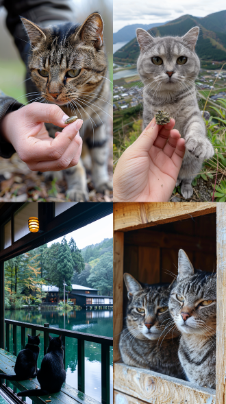 猫咪卖小鱼干，鱼塘边，温馨田园，自然光，中焦镜头，柔和色调，微笑，满足，宁静。