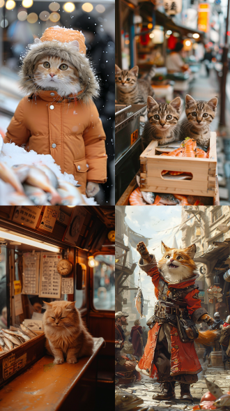 猫咪卖鱼，远景，海鲜市场，猫咪穿着卖鱼衣服，微笑表情，自然光，广角镜头，鲜艳色彩，活泼氛围，商业街景，互动顾客。