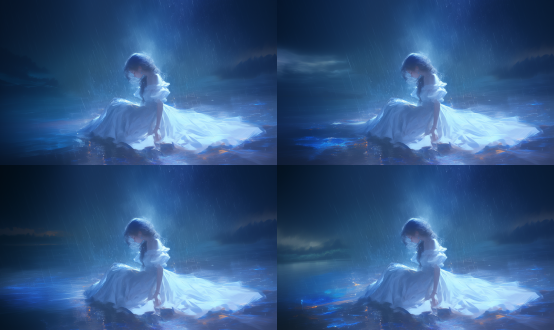 雨中少女，全身照，二次元美女，白皙冷白肤，oc渲染技术，高细节，细腻质感，高清质量，雨滴效果，柔和光线，长裙飘逸，忧郁表情，超现实风格，冷色调，湿润地面，反射光，动态模糊，情感深沉。