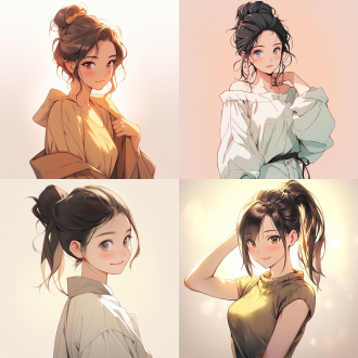 动漫插画女孩，丸子头，大眼睛，微笑，治愈系，阳光下，手绘风格，留白背景，高光，柔和光线，可爱表情，站立姿态，温暖色调，清新风格。