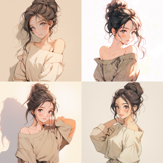 动漫插画女孩，丸子头，大眼睛，微笑，治愈系，阳光下，手绘风格，留白背景，高光，柔和光线，可爱表情，站立姿态，温暖色调，清新风格。