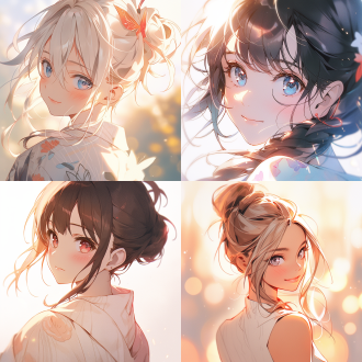 动漫女孩壁纸海报，精致脸颊，丸子头，大圆眼，微笑，阳光下，手绘风格，白色背景，大面积留白，治愈系，站立，清新，柔和光线，细腻笔触，温暖色调，可爱表情，轻盈姿态，梦幻氛围。