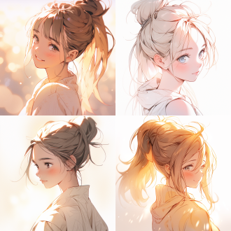 动漫插画女孩，丸子头，大眼睛，微笑，治愈系，阳光下，手绘风格，白色背景，大面积留白，高光，柔和光线，可爱表情，站立姿态，清新风格，图片大小16:9，温暖色调，细腻笔触，正面视角，自然光，温馨氛围，童真气质。