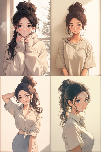 动漫插画女孩，丸子头，大眼睛，微笑，治愈系，阳光下，手绘风格，留白背景，高光，柔和光线，可爱表情，站立姿态，温暖色调，清新风格。