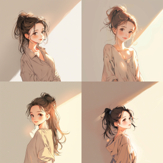 动漫插画女孩，丸子头，大眼睛，微笑，治愈系，阳光下，手绘风格，留白背景，高光，柔和光线，可爱表情，站立姿态，温暖色调，清新风格。