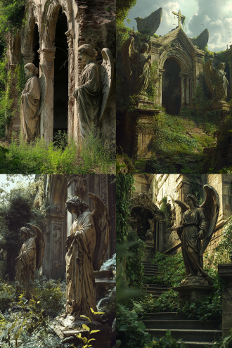 遗迹，破败，天使石像，杂草丛生