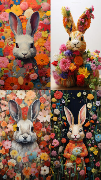 兔子，花，纱线,针织,儿童绘画,采用若昂·阿图尔·达席尔瓦的风格，爱德华·巴登风格，顽皮的涂鸦，卡米尔·维维耶，纸上作品，针织和钩编