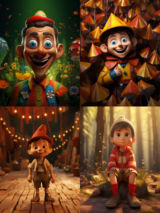 匹诺曹，黏土质感，磨砂表面，立体3d效果，c4d渲染，柔光照明，微型景观，彩色动画风格，高度创意构图，细节丰富，表情生动，色彩鲜艳，温馨氛围。