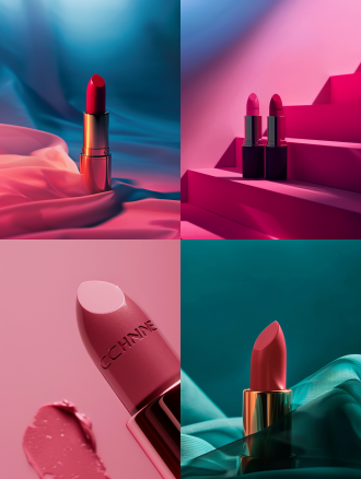 香奈儿魅力丝绒口红，粉色背景，光靛蓝与光翡翠风格，辉煌，虫核，索拉娅·萨加，大胆曲线，引人注目，海曼·布卢姆，高光，细节丰富，柔和光线，奢华感，时尚摄影，鲜明对比，优雅，精致，特写镜头，柔焦，自然光，反射，光泽，细腻，高贵，迷人。