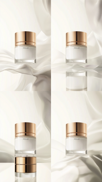 雅诗兰黛面霜悬浮，白色透明丝绸环绕，米黄简约背景，面霜精致，特写，柔焦，顶光，白色调，高雅。 干净背景 仰视视角 象牙白 明亮的 布料