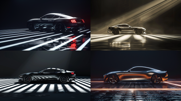 a sleek, metallic - colored ford mustang sports car in a dramatic studio setting. strong directional lighting casts distinct shadows on the floor, creating a pattern of light and dark stripes. the background is dark, enhancing the car's silhouette. high - resolution, 3d - rendered with a focus on realistic reflections and details.