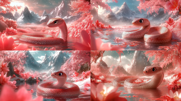 有山 有水 有花朵 强烈的空间感 一条可爱卡通风格的蛇盘旋在水面上 蛇的脑袋圆圆的 皮克斯风格的蛇 可爱的头 红色场景背景整体色调为红色 新年风格 金色 oc渲染 超清9k
