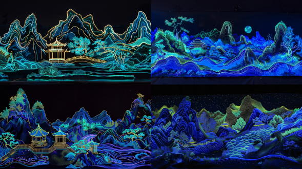 blacklight,chinese craftsmanship of embroidering blue and green mountains, pavilions and trees, by nychos,oriental aesthetics,luminous mars green rocks, luminous blue, gilding, flowing gold, fluorescent, luminous, minimalist color field, freehand, white space, organic form, pov view, solo , lines, simple black background