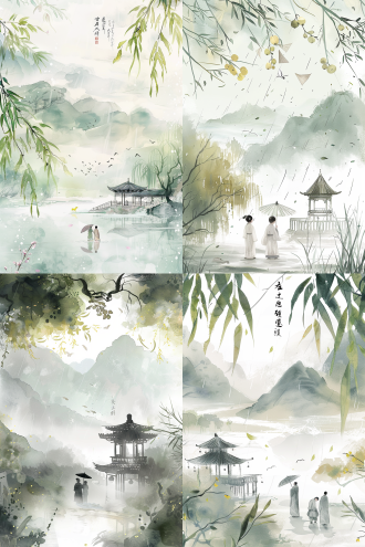 "水墨丹青风格清明节海报，前景嫩绿柳枝轻拂青团与纸鸢，中景细雨朦胧中油纸伞下母子遥望古亭，远景牧童骑黄牛隐现于青山薄雾间。主色调青灰白辅以淡雅鹅黄，飘落梨花点缀画面，书法题写'清明'字样融入云纹边框。8k分辨率呈现雨丝细腻笔触，柔光渲染营造静谧追思氛围，传统元素与现代极简构图平衡，适用于社交媒体与印刷品"