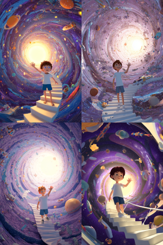 3d a vibrant, surreal digital illustration depicts a young boy in a white t-shirt and blue shorts standing on a spiral staircase leading into a cosmic tunnel. the tunnel is filled with a swirling, purple-hued galaxy, dotted with planets, comets, and spaceships. the boy, with short brown hair and a joyful expression, waves his right hand. the background transitions from a bright, glowing sun at the tunnel's center to a starry expanse. the image is whimsical and colorful, evoking a sense of wonder and adventure.