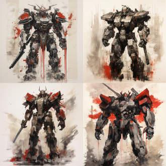 一幅中国水墨画，描绘了一个不祥的高达机甲，全身拍摄，有墨水笔画，边缘模糊，背景为白色。头盔和斗篷以红色为亮点，营造出高对比度和强烈的阴影。这幅画造型简单，笔触粗糙，具有中国传统水墨艺术的风格，给人一种醒目而有力的外观。