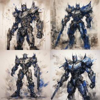 a chinese ink painting of optimus prime, standing tall with his sword raised. his metal parts are depicted with angular, rough ink strokes, while small details like glowing blue eyes stand out against the monochrome ink. the background is empty, further emphasizing his towering presence.