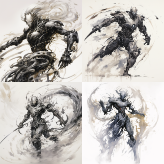 a chinese ink painting of an adaptive sentinel, full-body shot, with fluid ink strokes and a chaotic white background. metallic gray ink washes define its base form, while swirling brushstrokes suggest its morphing abilities. sharp ink lines accentuate its robotic features, portraying the sentinel's relentless nature in traditional chinese ink art style.
