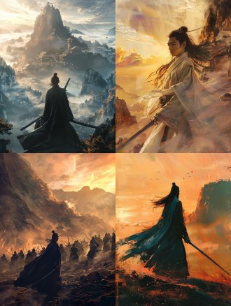 英勇的中国侠客，飘逸的长袍，优雅的剑术动作，电影海报质感，动态的动作场景，传统的中国水墨画风格与现代视觉效果结合，站在落日映照的山景前，象征忠诚与正义，充满情感张力，张艺谋的色彩运用，alessio albi 的氛围