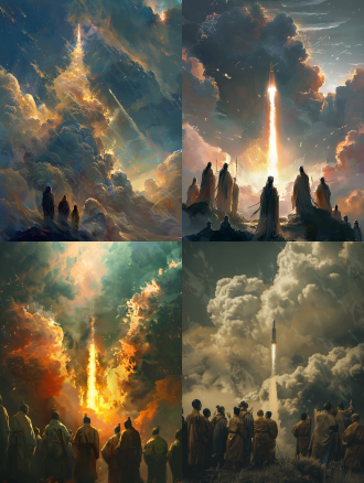 众多中国神仙观看火箭发射，神仙们衣袂飘飘，表情惊叹，中心构图，云雾缭绕，全景镜头，冷色调，逆光，仰望，震撼。