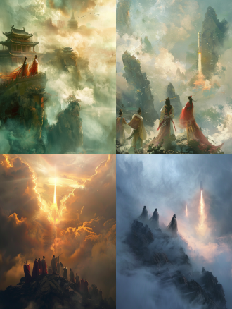 中国神仙观看火箭发射，空中群像，云雾缭绕，神话与现代结合，长焦镜头，逆光，宏大场景，飘逸服饰，惊叹。