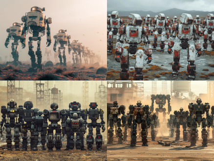 各式各样机器人成群，废土场景，电影海报风格，对称构图，冷色调，长焦镜头，顶光，站立，科幻，神秘。