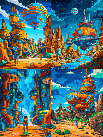 马克笔绘制的科幻场景，中心构图，冷色调，星空下，超广角镜头，逆光，长曝光，漂浮，神秘。