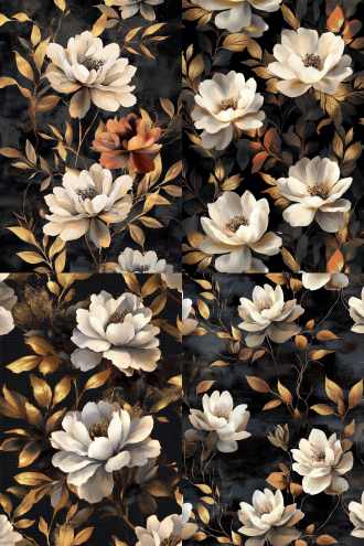 法国洛可可风格油画花卉，法国莫奈的风格特点，白色花瓣衬托出红色玫瑰花朵，配合金色树叶点缀层次突触，油画的质感，高分辨率矢量插图适合壁纸或织物打印。