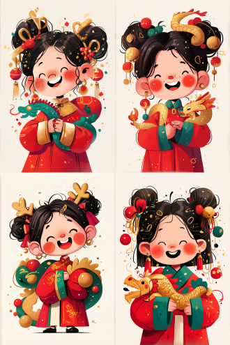 中国小女孩，红色古装，金色祥龙纹，双手合十，动画风格，圣诞冬季，手绘插图，白色背景，平面设计，高清，快乐表情，平面构图，涂鸦笔触，文化符号，温暖色调，柔和光线，卡通风格，传统元素，节日气氛，创意构图，生动表达，艺术笔触，文化融合。