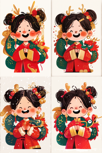 中国小女孩，红色古装，金色祥龙纹，双手合十，动画风格，圣诞冬季，手绘插图，白色背景，平面设计，高清，快乐表情，平面构图，涂鸦笔触，文化符号，温暖色调，柔和光线，卡通风格，传统元素，节日气氛，创意构图，生动表达，艺术笔触，文化融合。