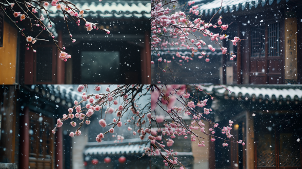 古建筑庭院，垂丝海棠盛开，花朵特写，小巧花苞，庭院积雪，腊梅花，花朵覆雪，低感光度，尼康相机，高清摄影，静谧氛围，自然光线，细腻纹理，古典风格，宁静美感，对称构图，柔和色调，微距镜头，侧光，慢快门，静止，优雅。