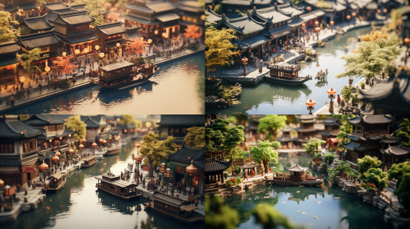 倾斜移轴效果，8k分辨率，超细节，中国古建筑街道，微缩模型风格，浅景深，古朴色彩，阳光直射，动态模糊，行人匆匆，船，桥，柳树，广角镜头，高饱和度，自然光，快节奏，历史感，宁静美。
