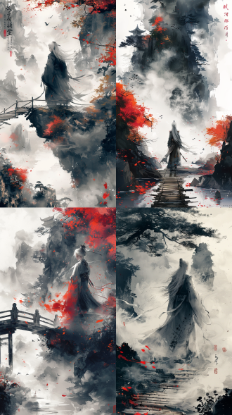 一位白色头发、身材婀娜的中国女侠站在一片奇异的湖面，白色背景，她站在湖面的木桥上，危险的烟雾从湖面冒出，冲向女侠，中国传统山水风格，多层次构图，橙色和海蓝色，壁画，写意画，迷幻插画，东方，水墨细节，雾气，朦胧，水墨，水墨画般的笔触，武术，幻想，水墨中国漫画