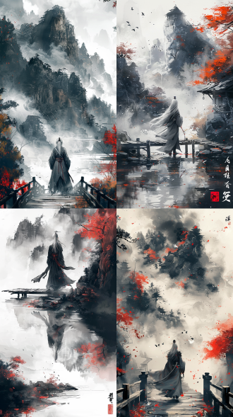 一位白色头发、身材婀娜的中国女侠站在一片奇异的湖面，白色背景，她站在湖面的木桥上，危险的烟雾从湖面冒出，冲向女侠，中国传统山水风格，多层次构图，橙色和海蓝色，壁画，写意画，迷幻插画，东方，水墨细节，雾气，朦胧，水墨，水墨画般的笔触，武术，幻想，水墨中国漫画