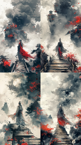 一位白色头发、身材婀娜的中国女侠站在一片奇异的湖面，白色背景，她站在湖面的木桥上，危险的烟雾从湖面冒出，冲向女侠，中国传统山水风格，多层次构图，橙色和海蓝色，壁画，写意画，迷幻插画，东方，水墨细节，雾气，朦胧，水墨，水墨画般的笔触，武术，幻想，水墨中国漫画