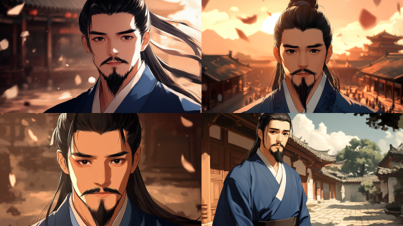 中国古代，野外的马棚，一位中国中国男人，蓝色衣服，小胡子，温柔的表情，正面，中景，水墨风格，韩国漫画风格，古典插画，中远景构图，超现实，柔和光线，长焦镜头，超凡脱俗，超高清精细度，8k，16k