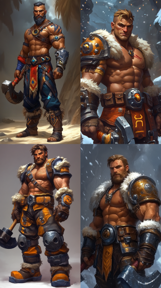 灰色背景下全身展示的卡通男游戏角色，欧洲健硕身材，夸张肌肉，持斧战斗姿势，暗黑邪恶，16k高清，3d写实，游戏立绘。