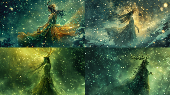琥珀鹿女，古代少女，华丽长裙，恐怖涂鸦，星座图案，绿色基调，神秘肖像，银河背景，精致写实，暖黄灯光，雪后手持铃铛，美丽雌雄同体，ai公主，漫画风格，自然星光，麋鹿装束，冰河时代服饰，3:4比例，高细节，冷暖对比，梦幻氛围，动态模糊，超现实主义。