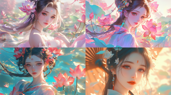 classical beauty, national style, delicate transparent ancient clothing, gorgeous hair, exquisite ornaments, willow eyebrows, big eyes, peach blossom lips, delicate skin, delicate and beautiful features, holding a bunch of lotus, behind is a large lotus leaf, natural light, beautiful, telephoto lens, light and shadow effects, 4k hd wallpaper, panoramic view, front picture, xianxia style.